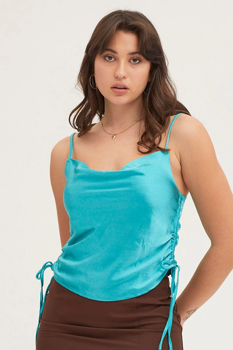 Blue Cami Top Sleeveless Cowl Neck Satin - Image 3