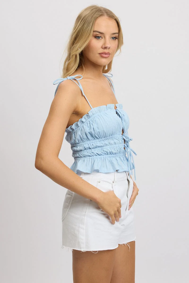 Blue Cami Top Sleeveless Tie Front Textured - Image 4