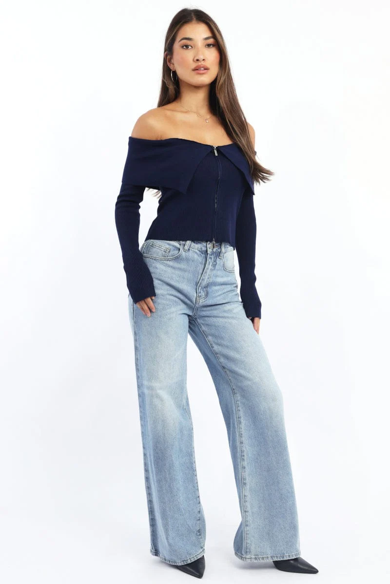 Blue Cardigan Off Shoulder Zip Up - Image 2