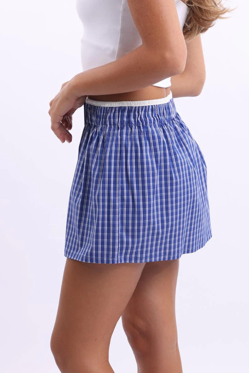 Blue Check Boxer Mini Skirt Mid Rise Relaxed Fit - Image 3