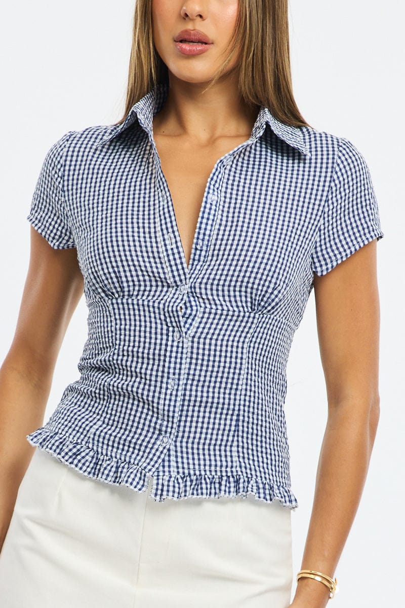 Blue Check Button Up Shirt Short Sleeve Collared Ruffled Hem - Image 5