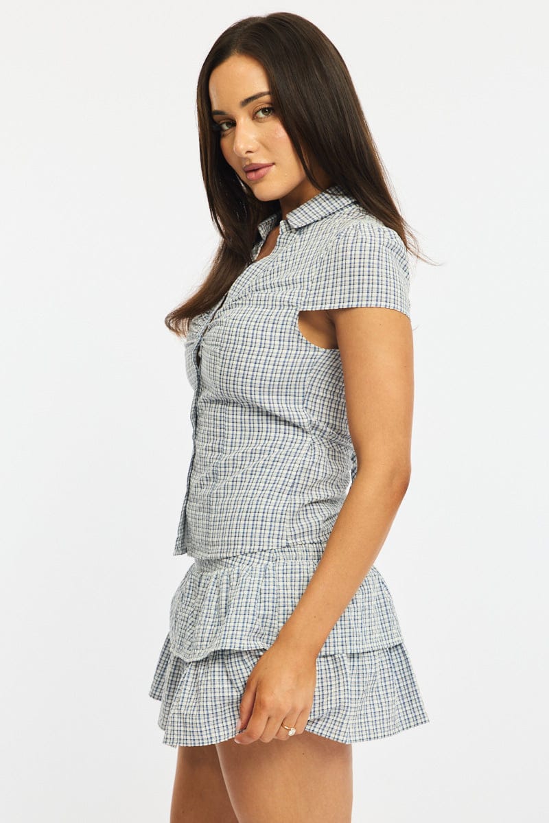 Blue Check Button Up Shirt Short Sleeve Collared Tie Back - Image 3