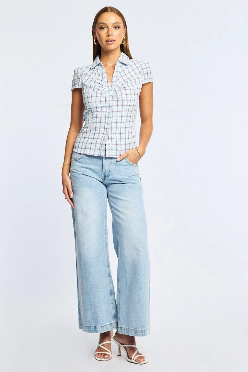 Blue Check Button Up Shirt Short Sleeve Collared Tie Back - Image 2