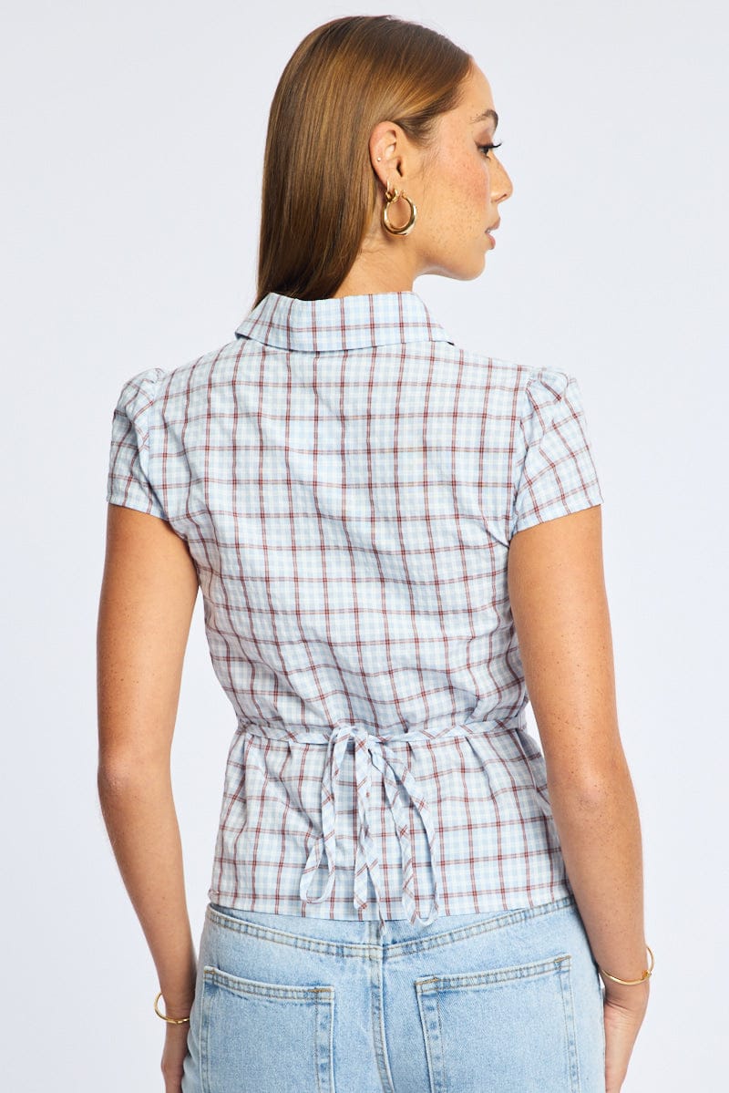 Blue Check Button Up Shirt Short Sleeve Collared Tie Back - Image 4