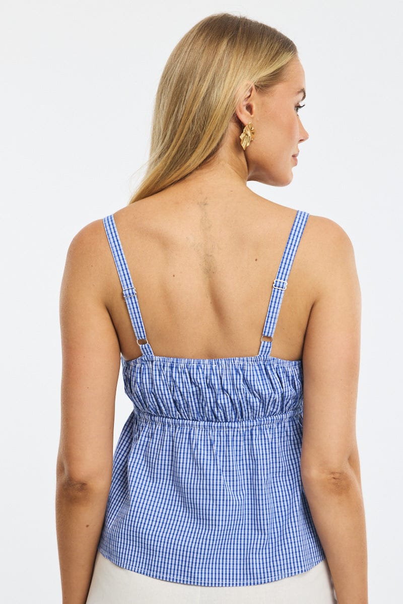 Blue Check Cami Top Sleeveless Front Tie Babydoll - Image 4