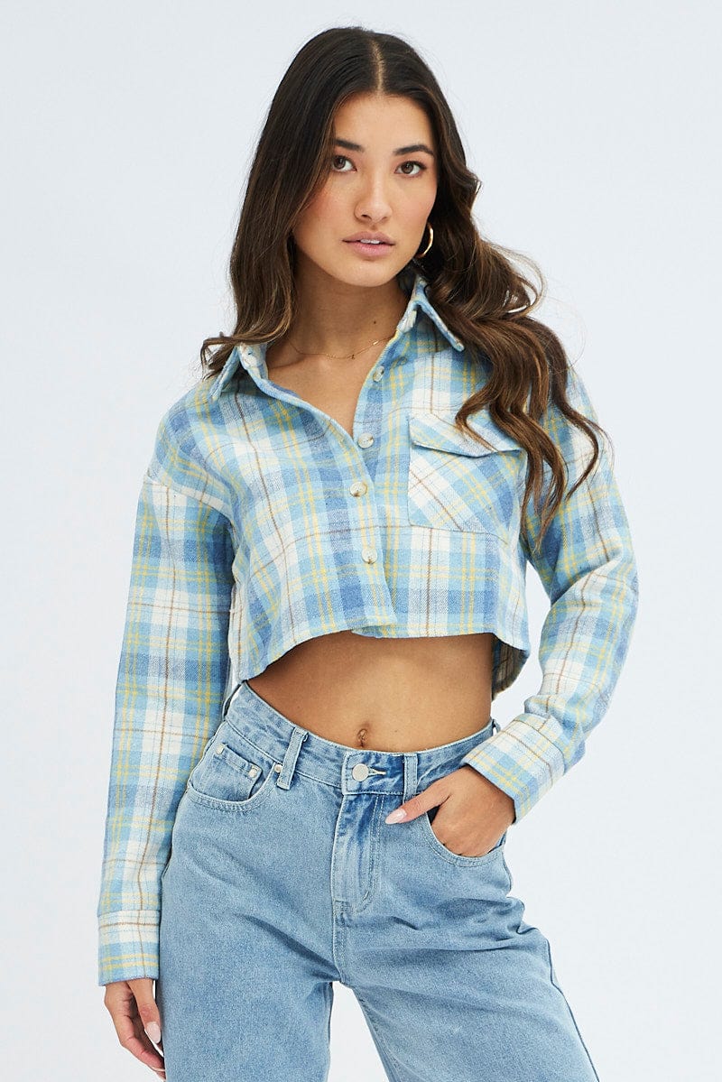 Blue Check Crop Shacket Long Sleeve Collared Fleece - Image 3