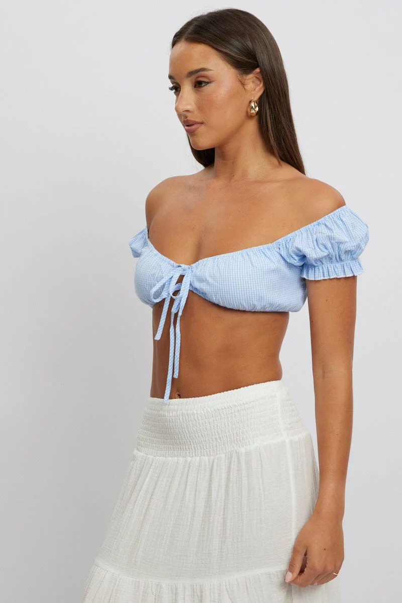Blue Check Crop Top Short Sleeve Tie Front - Image 3