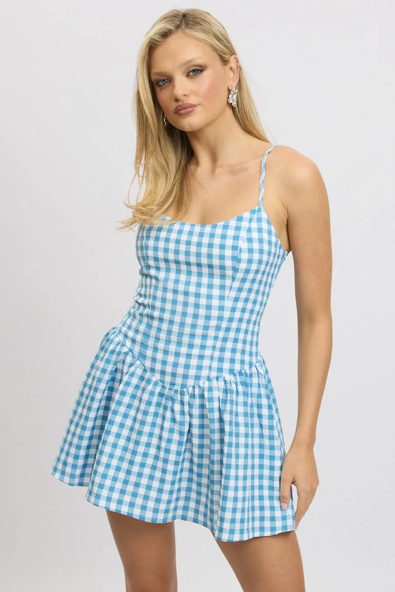 Blue Check Fit And Flare Dress Mini - Image 3