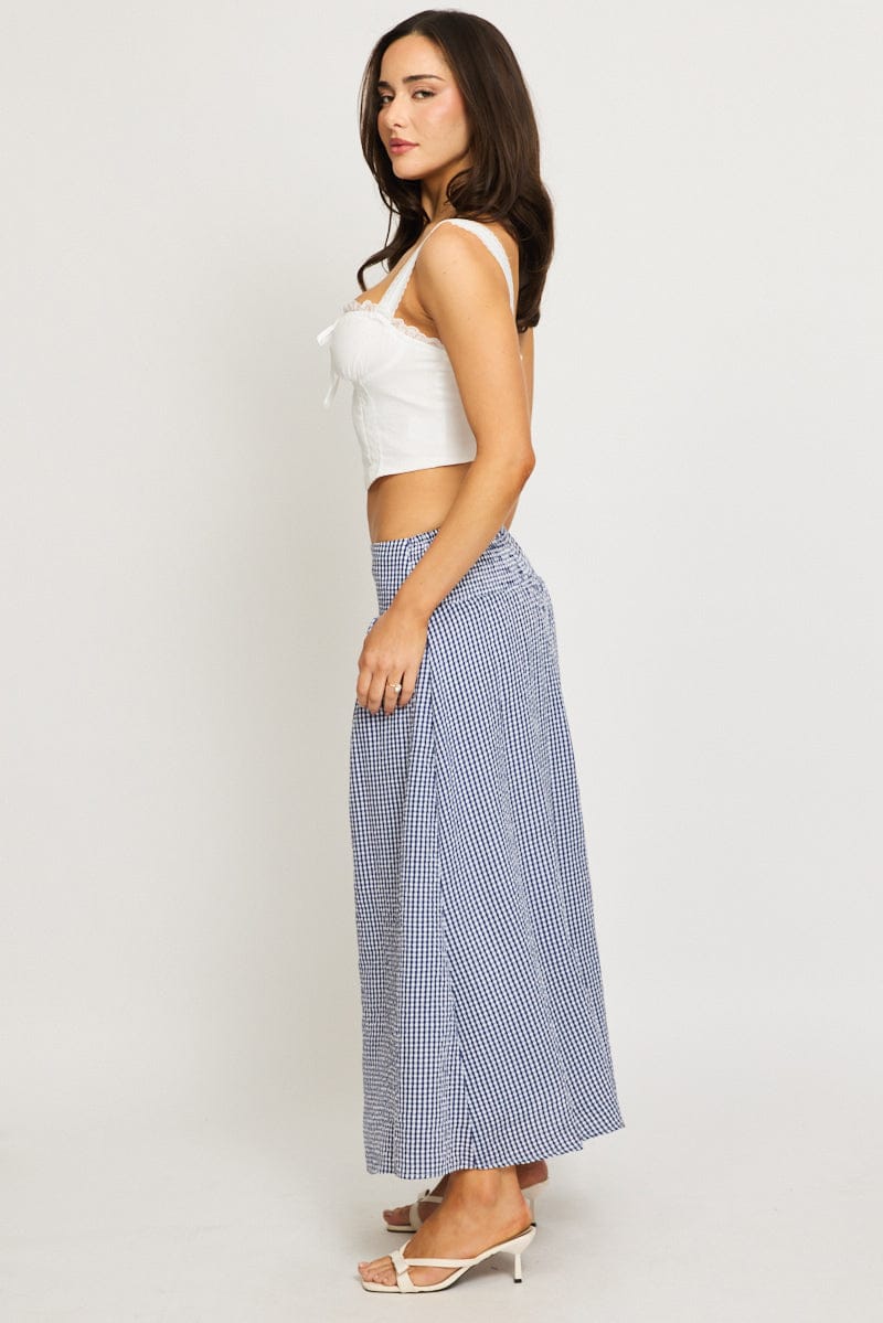 Blue Check Maxi Skirt Drop Waist Shirred Back - Image 3