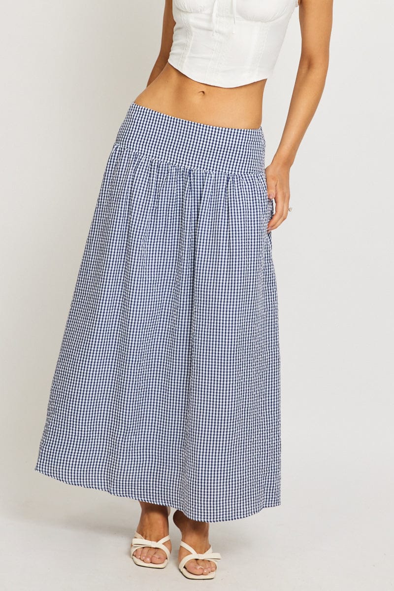 Blue Check Maxi Skirt Drop Waist Shirred Back - Image 5