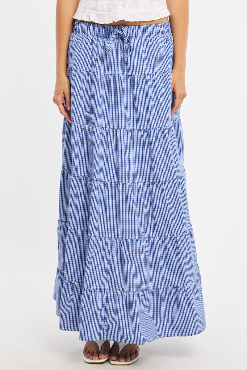 Blue Check Maxi Skirt Tiered High Rise Linen Blend - Image 2