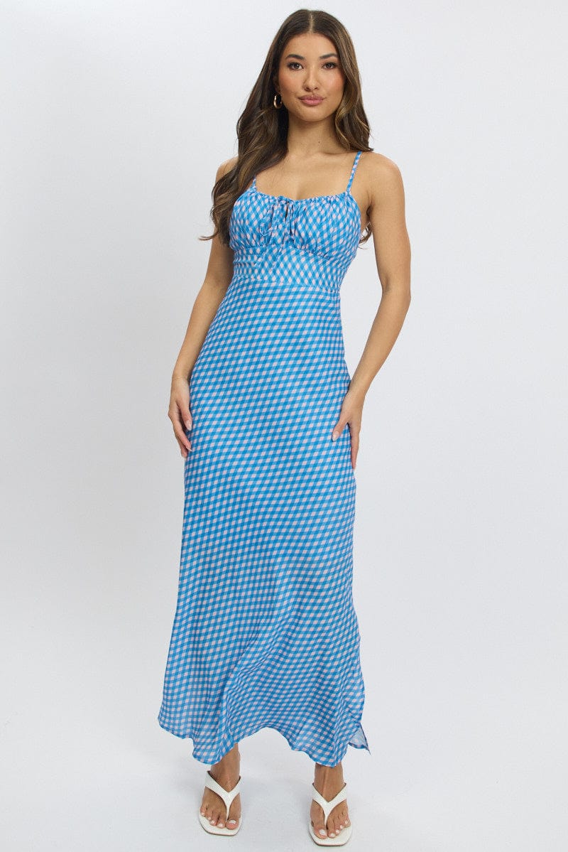 Blue Check Midi Dress Gathering Bust Sleeveless - Image 3