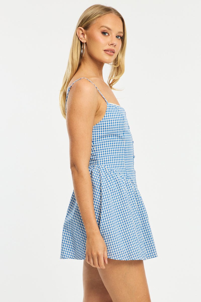 Blue Check Mini Dress Strappy - Image 3