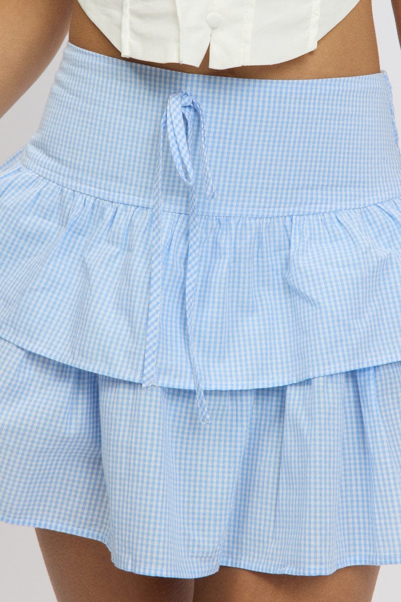 Blue Check Ruffle Mini Skirt High Rise Shirred Back Tiered - Image 6