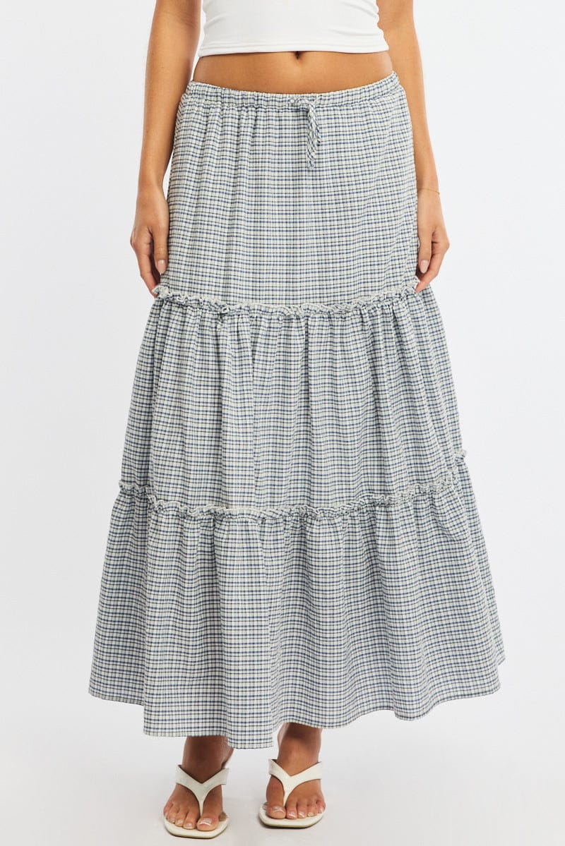 Blue Check Tiered Maxi Skirt Elastic Waist Lined - Image 2