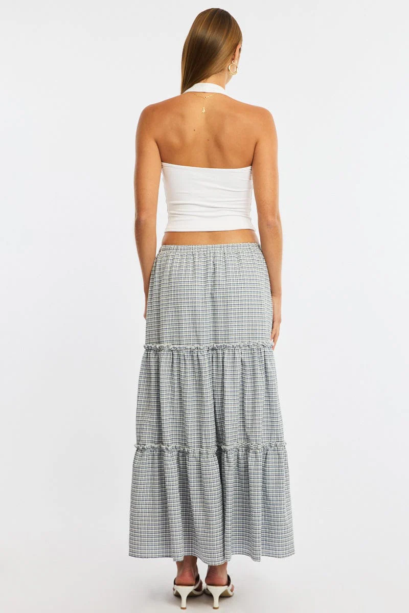 Blue Check Tiered Maxi Skirt Elastic Waist Lined - Image 5