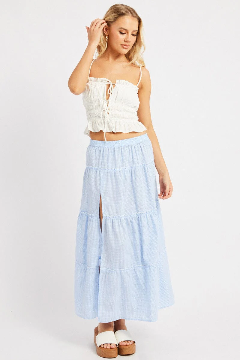 Blue Check Tiered Maxi Slit Skirt - Image 2