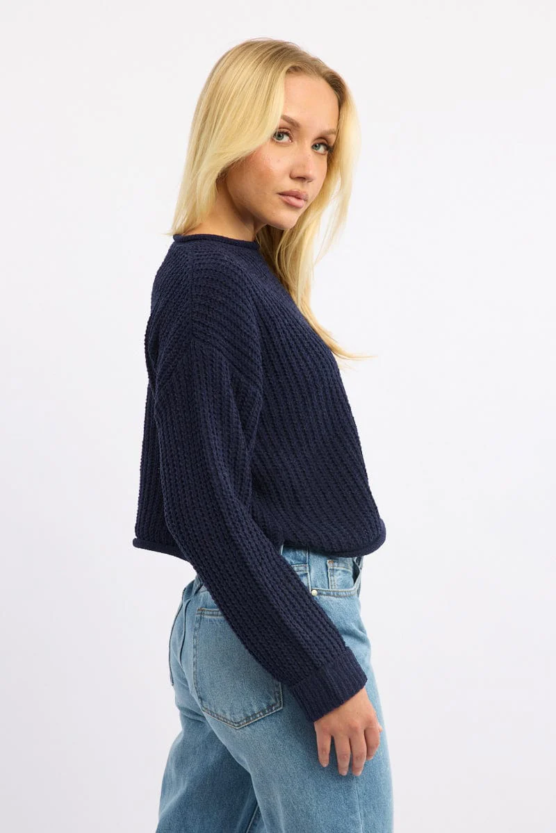 Blue Chenille Knit Jumper Long Sleeve - Image 3