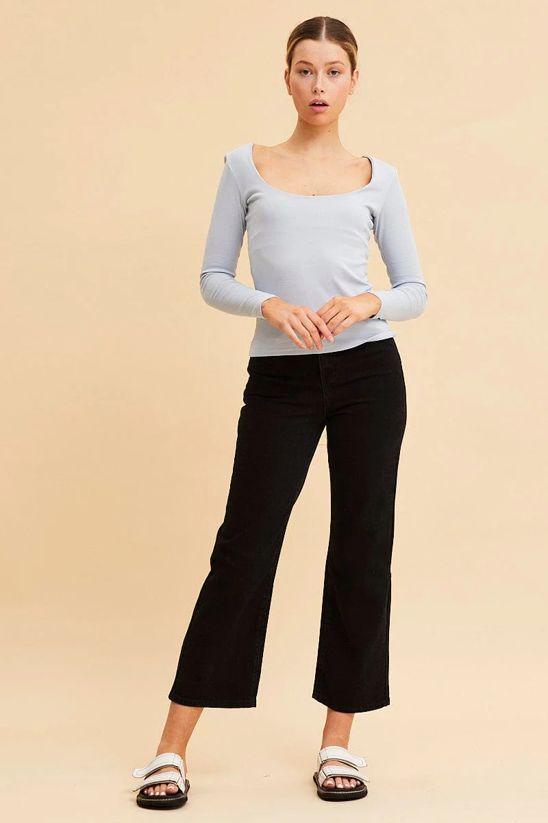 Blue Cotton Top Long Sleeve Scoop Neck - Image 2