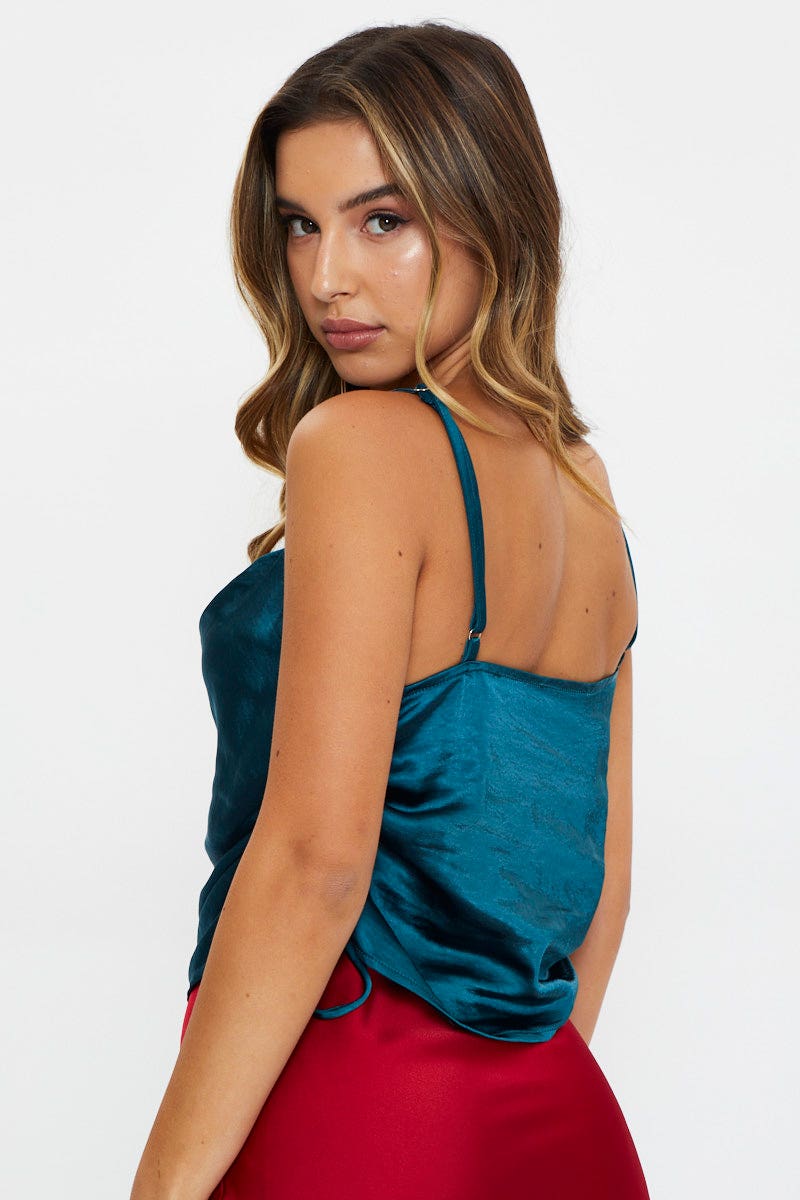 Blue Cowl Neck Ruched Cami Top - Image 3