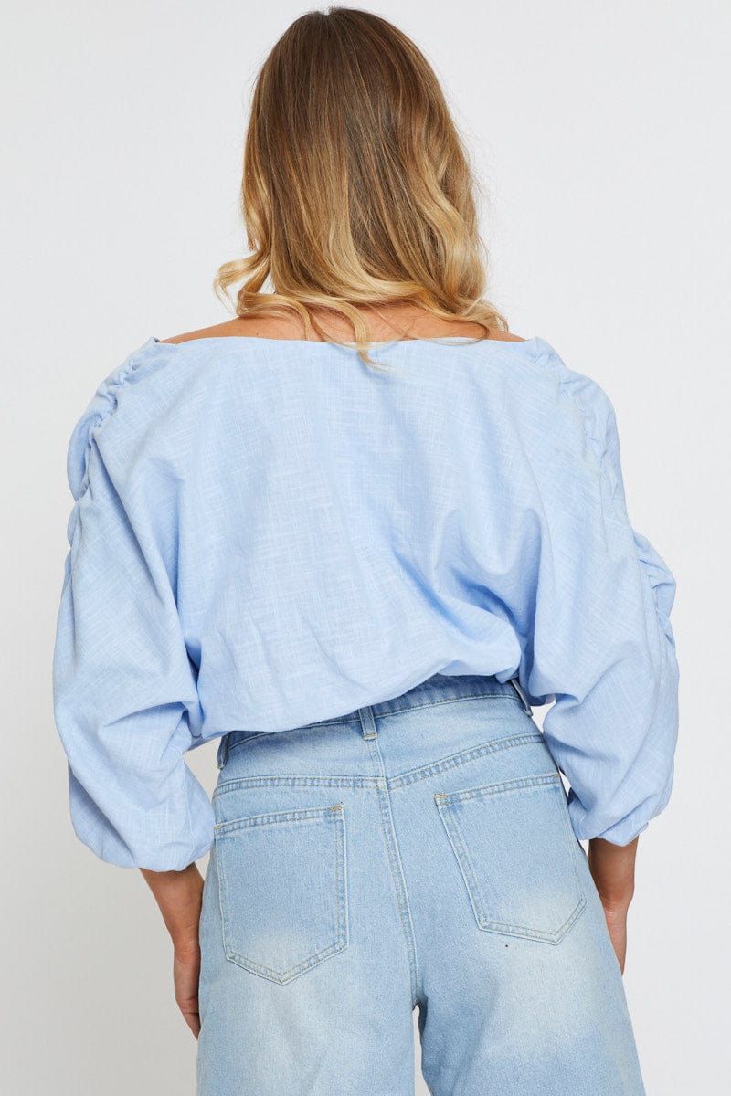 Blue Crop Shirts Long Sleeve Off Shoulder - Image 5