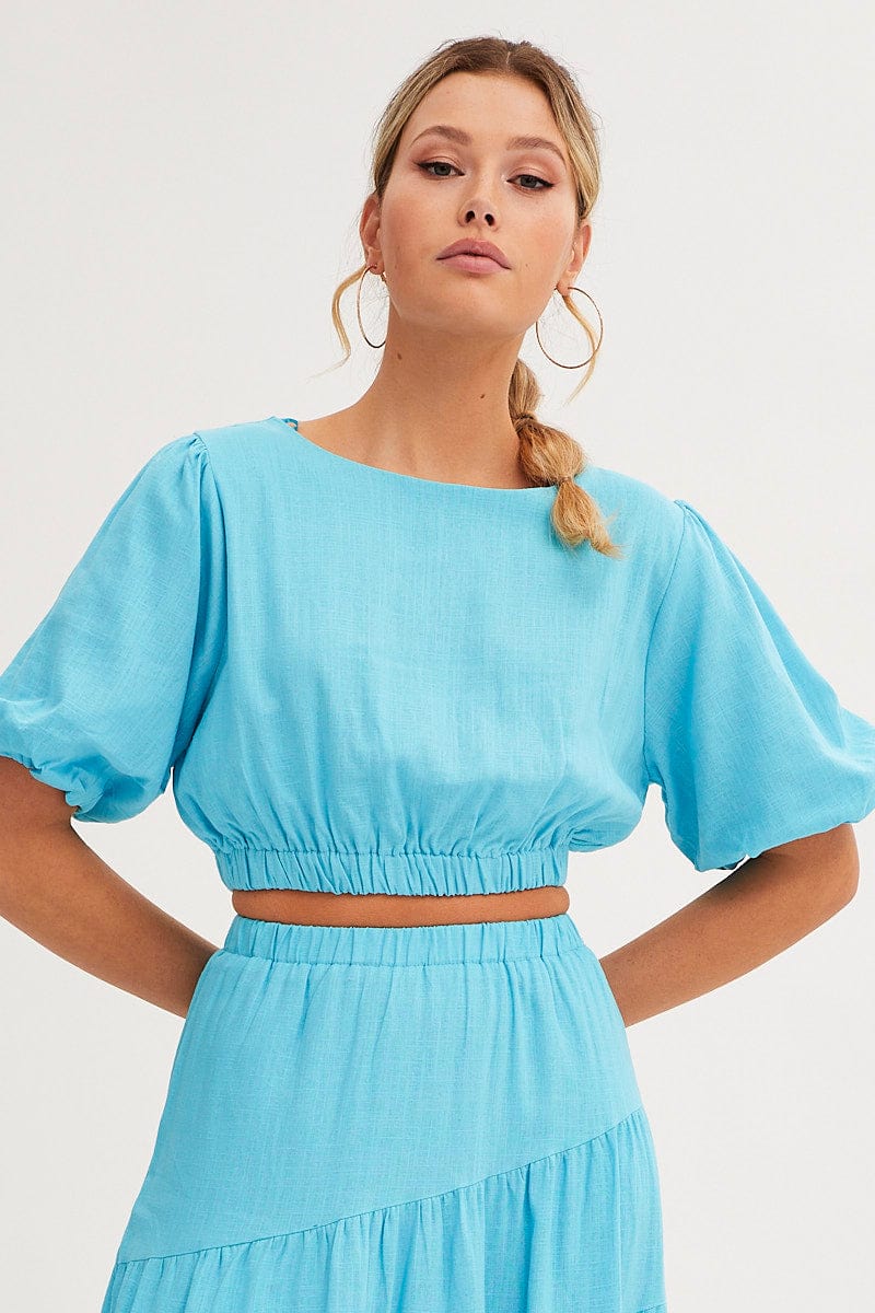 Blue Crop Top Puff Sleeve - Image 4