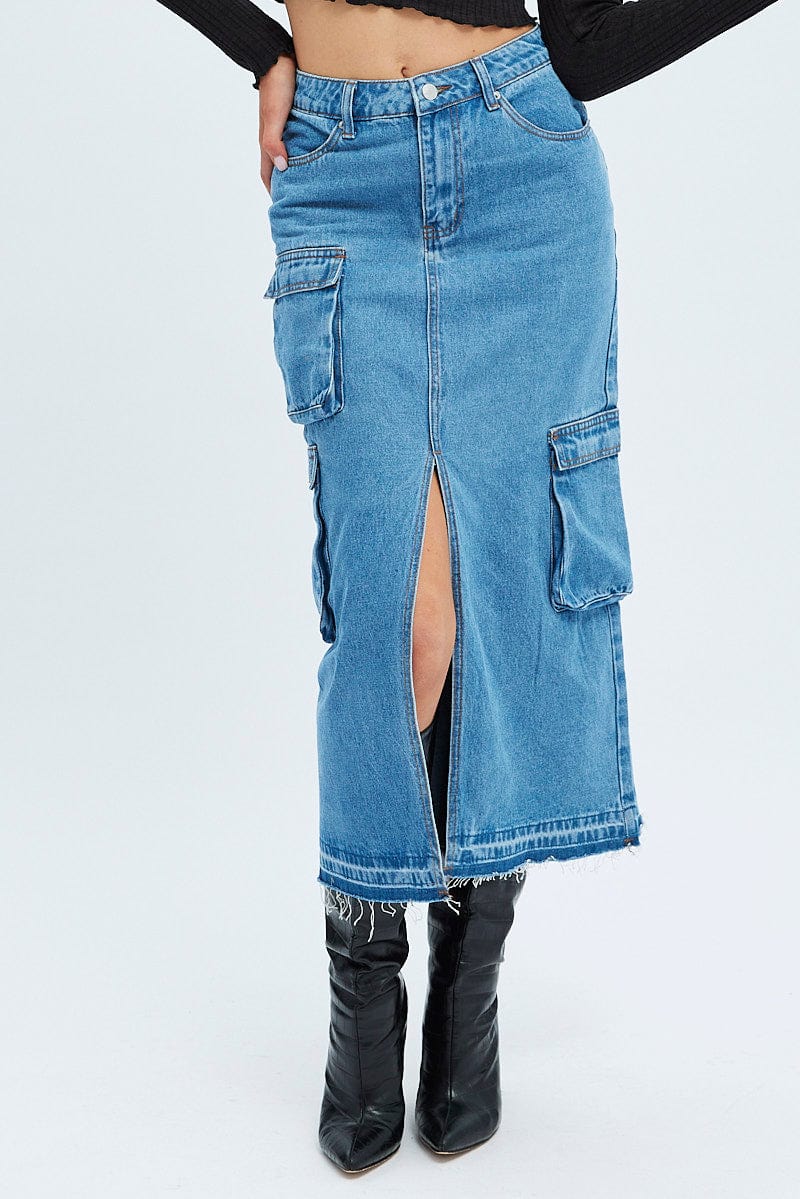 Blue Denim Maxi Skirt Cargo - Image 2