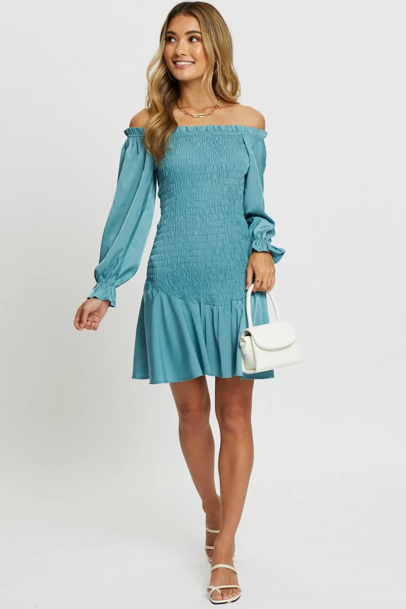 Blue Designer Shirred Of The Shoulder Ruffle Dress - Image 5