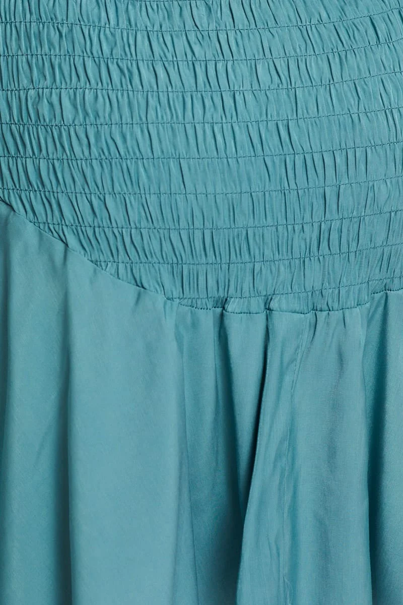 Blue Designer Shirred Of The Shoulder Ruffle Dress - Image 6