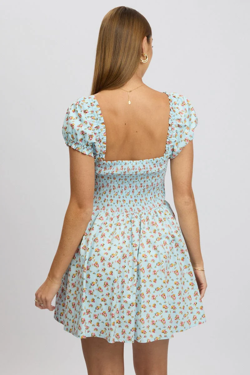 Blue Ditsy Fit And Flare Dress Corset Detail Mini - Image 5