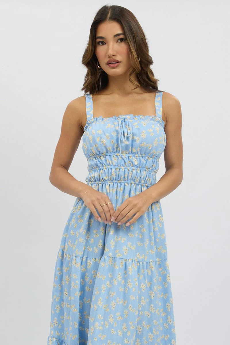 Blue Ditsy Maxi Dress Strappy Tiered - Image 2