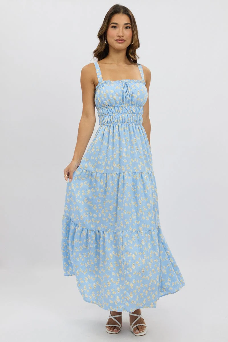 Blue Ditsy Maxi Dress Strappy Tiered - Image 3