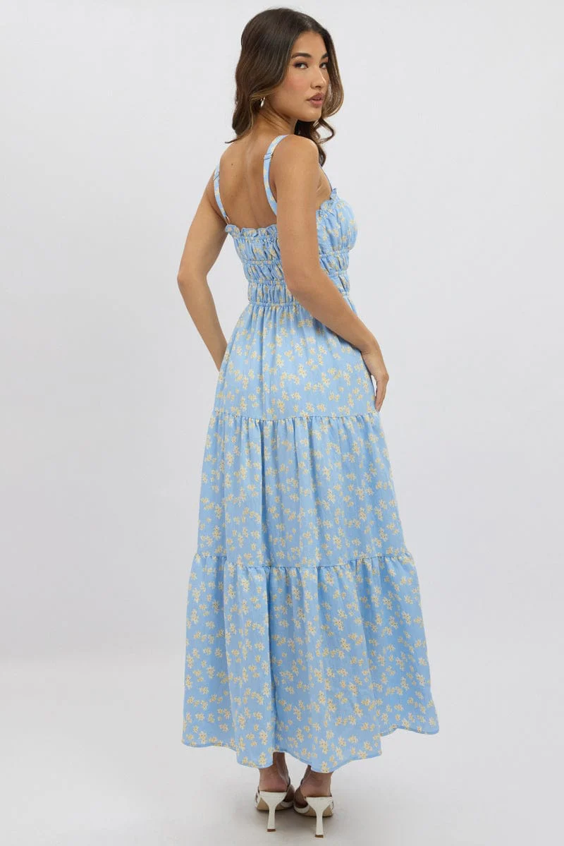 Blue Ditsy Maxi Dress Strappy Tiered - Image 5