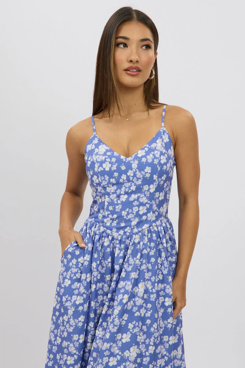 Blue Ditsy Maxi Dress V-Neck - Image 3