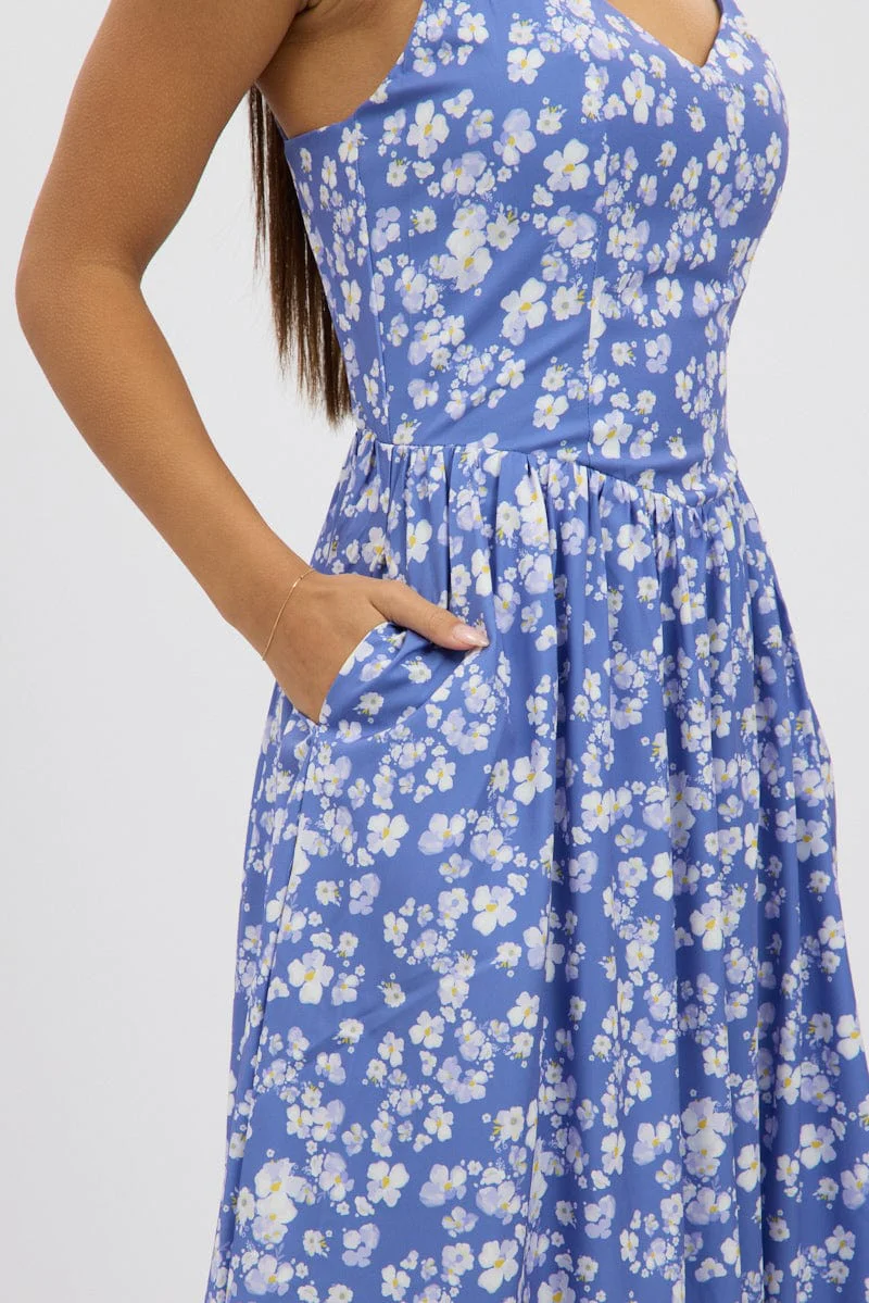 Blue Ditsy Maxi Dress V-Neck - Image 6