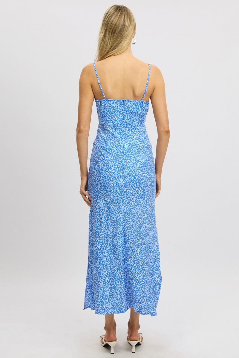 Blue Ditsy Midi Dress Gathering Bust Sleeveless - Image 5
