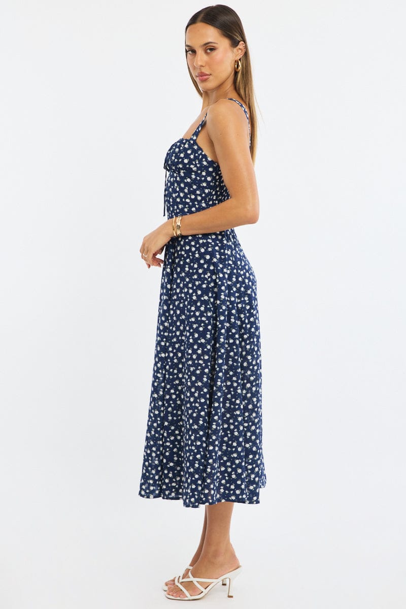 Blue Ditsy Midi Dress Ruched Bust - Image 3