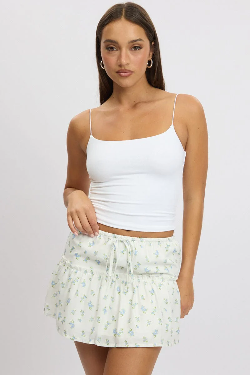 Blue Ditsy Mini Skirt Elastic Waistband Frill Detail Lined - Image 2
