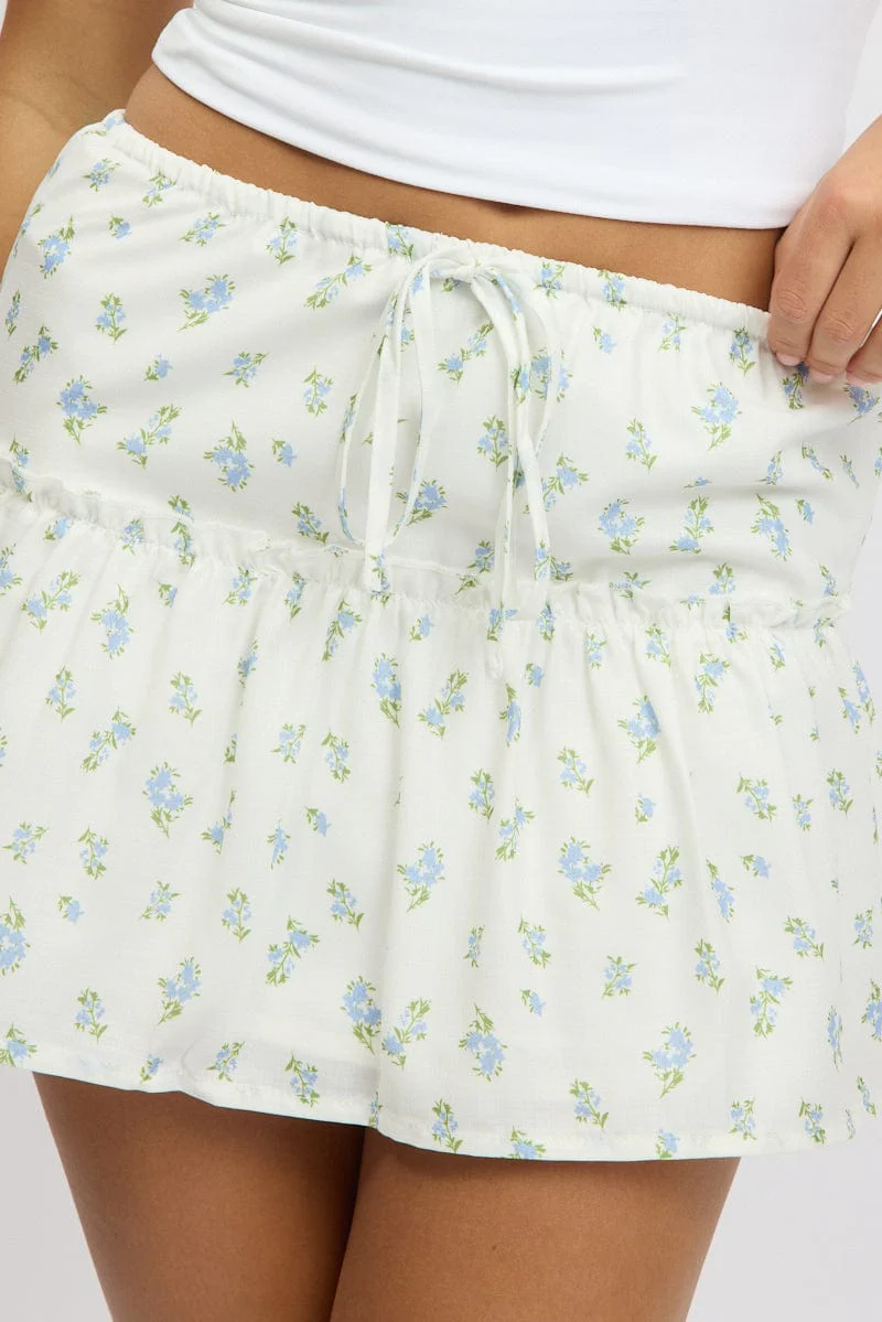 Blue Ditsy Mini Skirt Elastic Waistband Frill Detail Lined - Image 6