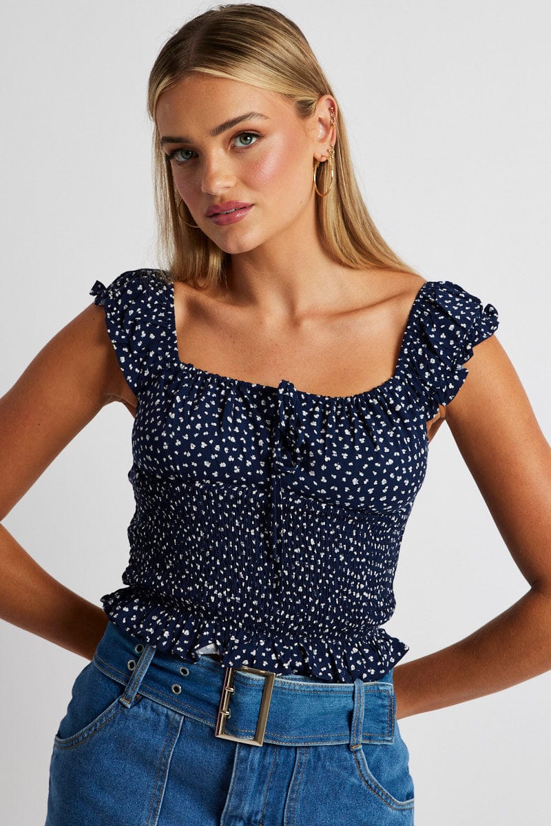 Blue Ditsy Puff Sleeve Top Short Sleeve - Image 3