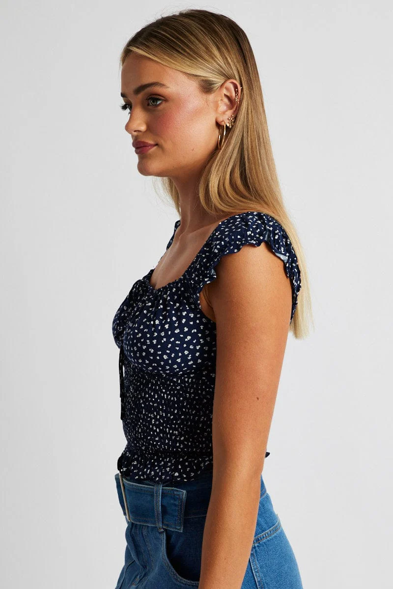 Blue Ditsy Puff Sleeve Top Short Sleeve - Image 4