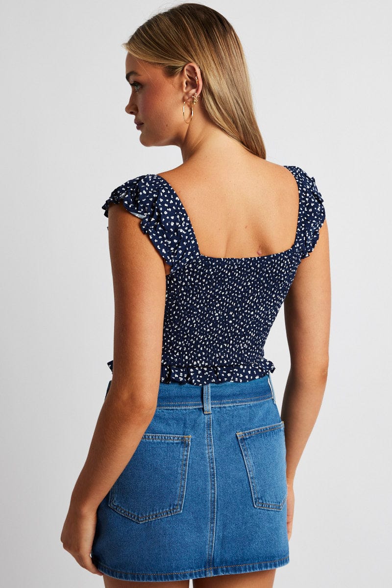 Blue Ditsy Puff Sleeve Top Short Sleeve - Image 5