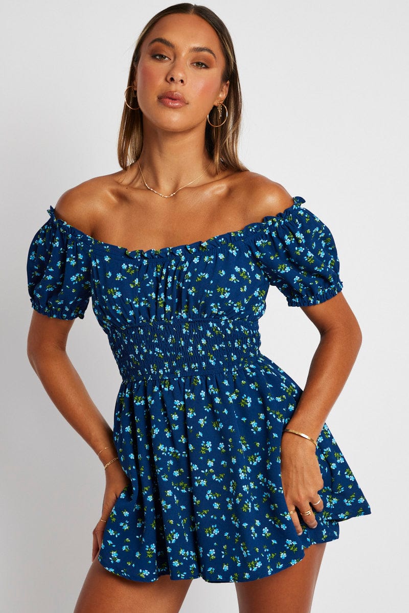 Blue Ditsy Ruffle Playsuit Short Sleeve - Image 3