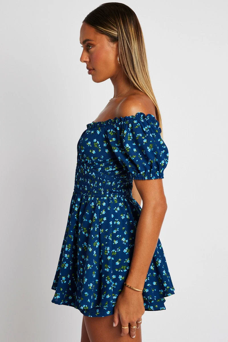 Blue Ditsy Ruffle Playsuit Short Sleeve - Image 4