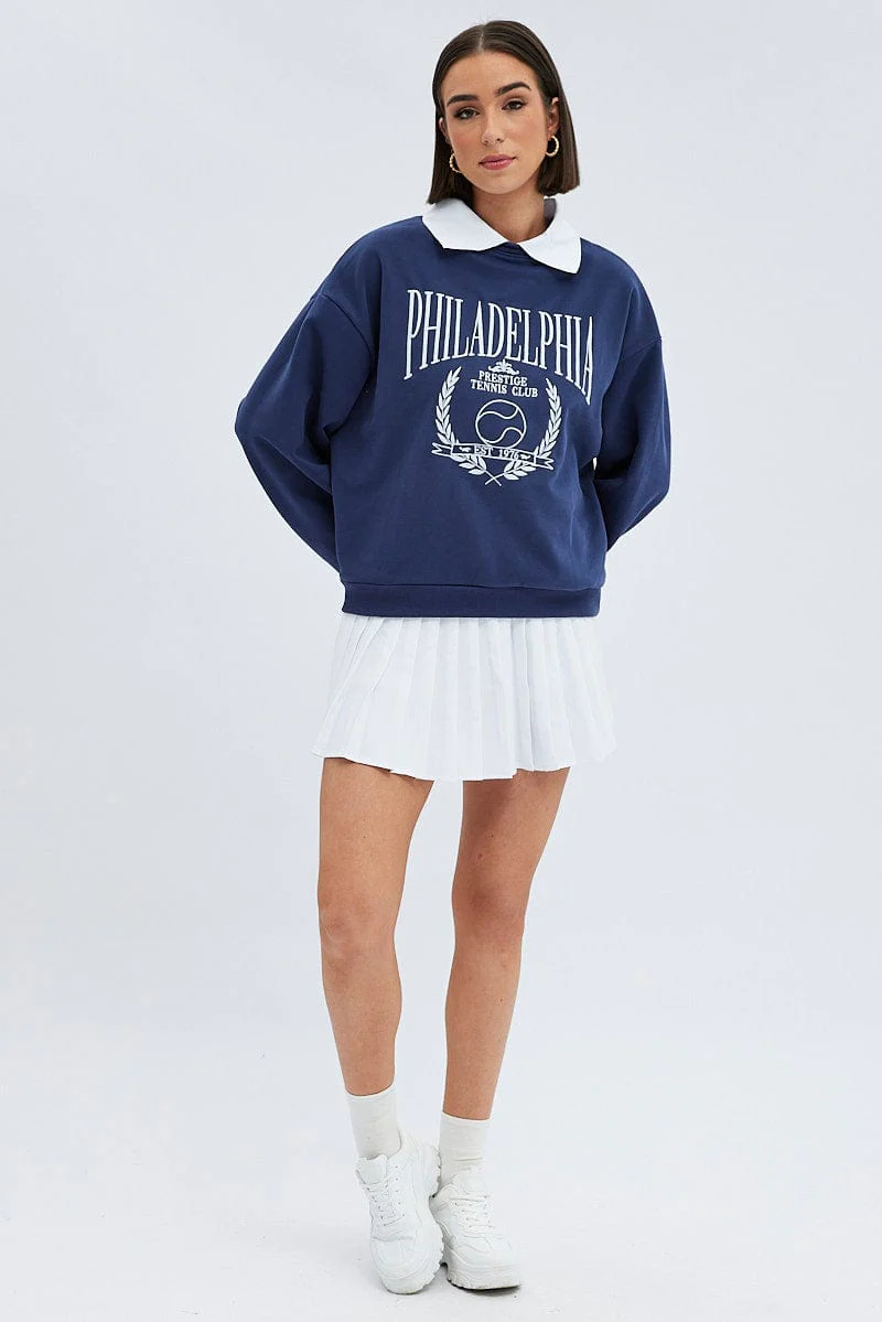 Blue Embroidered Sweater With Collar Varsity Sweat - Image 2