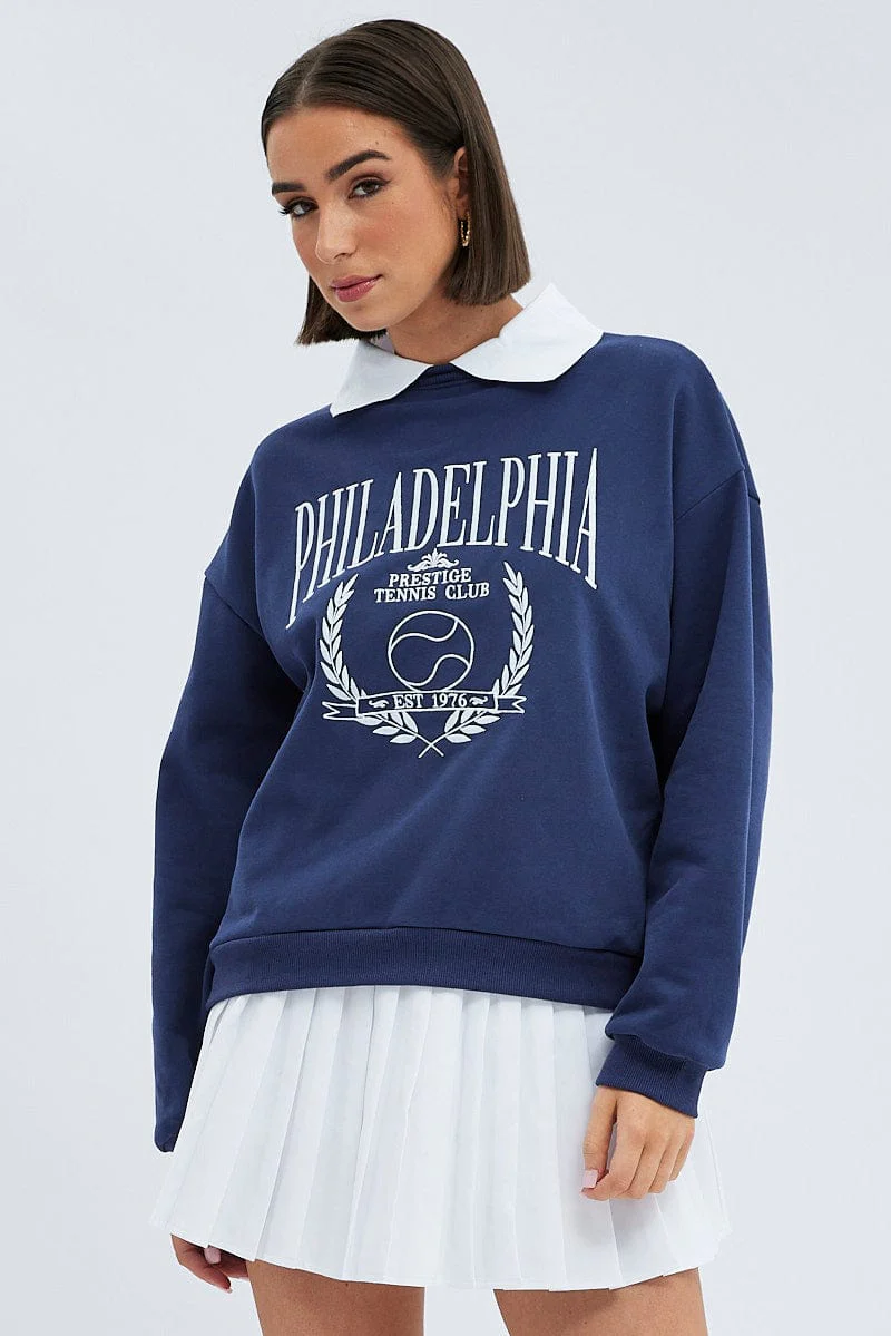 Blue Embroidered Sweater With Collar Varsity Sweat - Image 3
