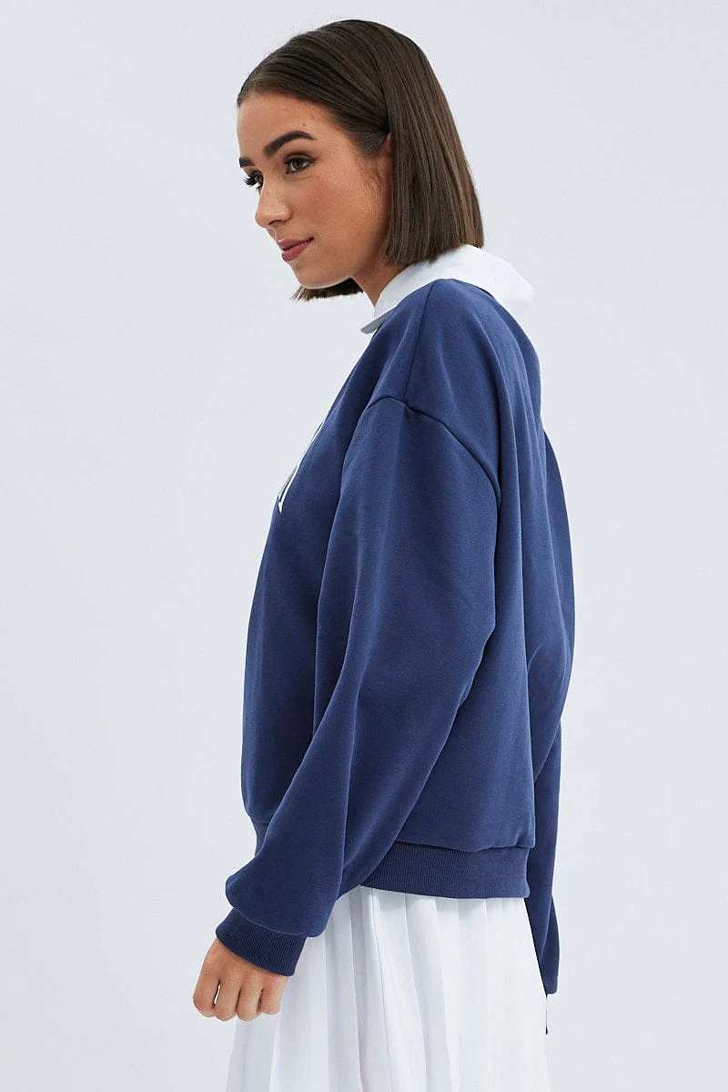 Blue Embroidered Sweater With Collar Varsity Sweat - Image 4