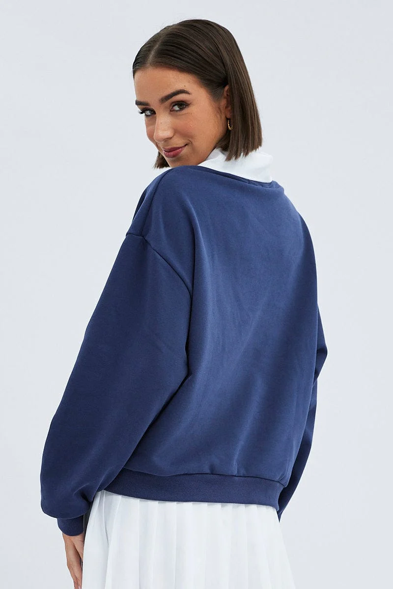 Blue Embroidered Sweater With Collar Varsity Sweat - Image 5