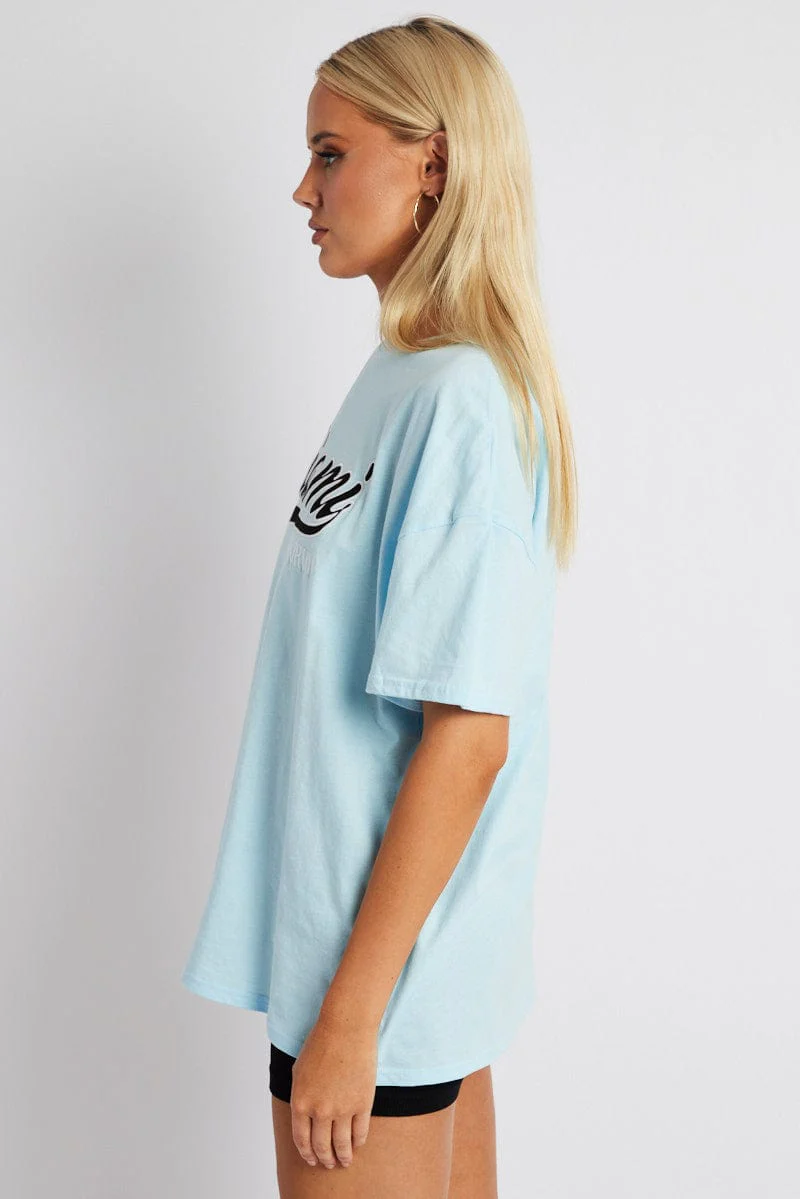 Blue Embroidery Baby Tee Slogan Crop T-shirt - Image 4