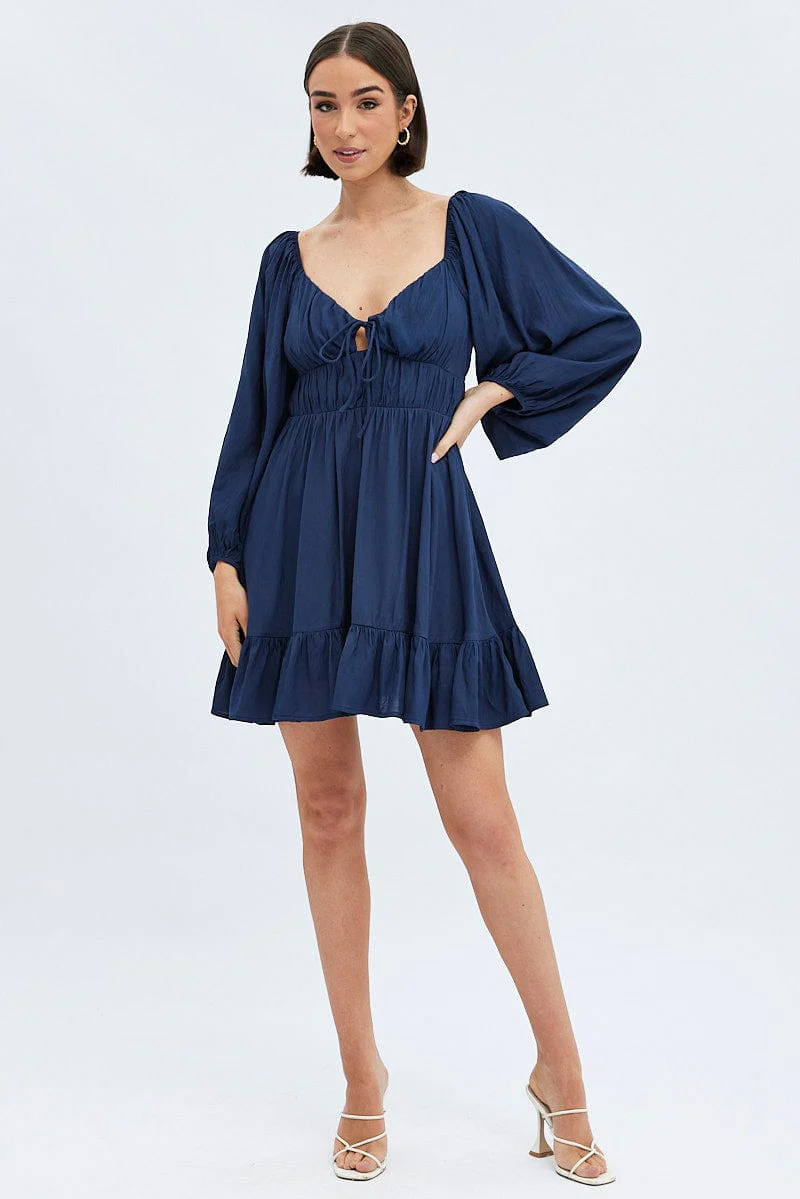 Blue Fit and Flare Dress Long Sleeve Cut Out - Image 2